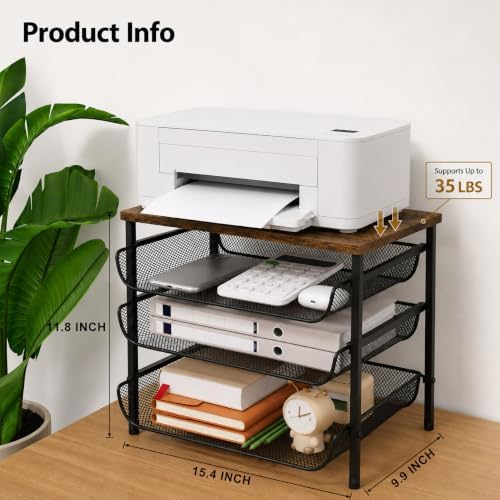 4-Tier Printer Stand with Storage for Desk, Wood Top, Black - Image 5