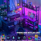 Aheaplus L Shaped Desk with Hutch, Gaming Desk with Led Lights, Reversible Computer Desk with Power Outlet, Corner Desk with File Drawer & Monitor Stand, Storage Shelves for Home Office, Black - Image 3