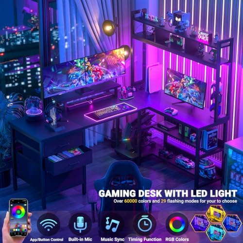 Aheaplus L Shaped Desk with Hutch, Gaming Desk with Led Lights, Reversible Computer Desk with Power Outlet, Corner Desk with File Drawer & Monitor Stand, Storage Shelves for Home Office, Black - Image 3