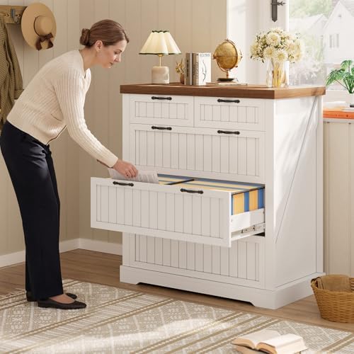 SEDETA Farmhouse File Cabinet with 5 Drawers, Filing Cabinet for Home Office, Wood Office File Cabinets for Letter/Legal/A4 Size, File Cabinets with Printer Stand, White and Brown - Image 5
