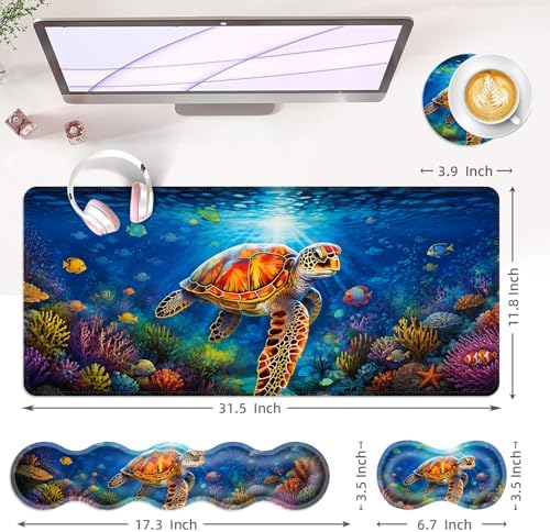 Large Keyboard Mouse Pad Set, Extended Mouse Pad+Keyboard Wrist Rest Support, Memory Foam Ergonomic Easy Typing, 4Pcs (31.5×11.8 in) Desk Pad Set for Office Home,Sea Turtle Swimming Underwater - Image 6