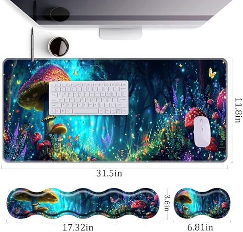 Keyboard Wrist Rest+Mouse Wrist Pad+Desk Pad Set,Memory Foam Ergonomic Easy Typing Pain Relief for Computer Laptop Office Home - Mushrooms and Butterflies - Image 4