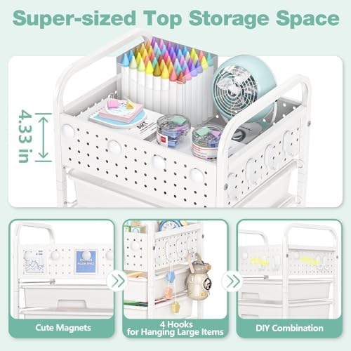 5 Drawer Rolling Storage Cart with Pegboard Top and Hooks, White - Image 4
