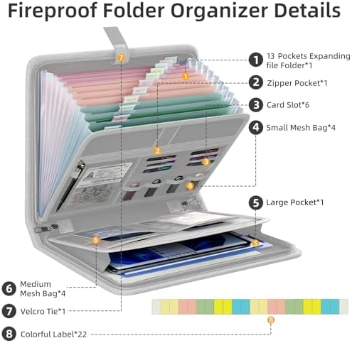 Fireproof Accordion File Organizer, Expanding File Folder with 13 Pockets - Image 3