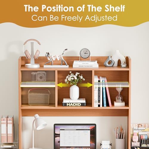 SUPER DEAL Desktop Bookshelf, Countertop Storage Hutch with 4 Shelves for Computer Desk, 2-Tier Display Rack, Multipurpose Wood Desk Hutch Storage Organizer for Home Office Dorm, Natural - Image 5