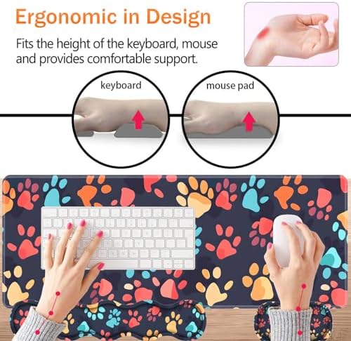Large XXL Gaming Desk Mat 31.5"x 11.8", Ergonomic Keyboard Wrist Rest & Mouse Pad Wrist Rest + Coaster Set, Non-Slip Base, Memory Foam, Office and Home, Color Dog Paw Prints - Image 3