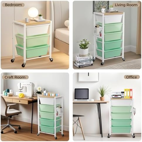 Rolling Cart with 5 Drawers, Plastic Drawer Storage Carts with Wheels & Wooden Tabletop, Metal Utility Cart with Pegboards, Office Living Room Classroom Craft Organization and Storage, Bright Green - Image 6