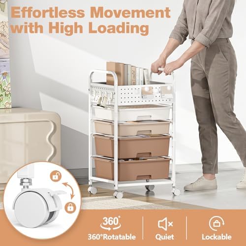 4 Drawer Rolling Storage Cart with Pegboard Top and Hooks, Brown - Image 5