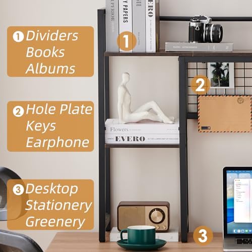 4-Tier Desk Hutch Shelf with Grid Panel, 36” Desktop Bookshelf for Monitor, Office & Home (Rustic Brown, 36") - Image 4
