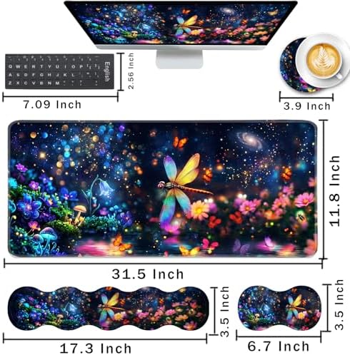 Keyboard Wrist Rest and Mouse Pad with Wrist Support Set Ergonomic Coaster,Memory Foam,Easy Typing Pain Relief,Large XL Desk Mat 31.5"x 11.8",Dragonfly Flower - Image 2