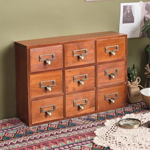 Wooden Desk Drawer Organizer, Classic Vintage Desk Organizer for Tabletop, Wood Storage Box, Desktop Organizing Cabinet with Drawers for Office Study Table(9-Drawer, Brown) - Image 2