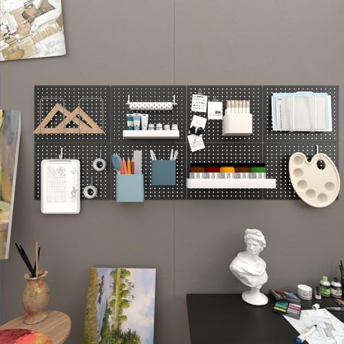 4-Pack Heavy-Duty Metal Pegboard Organizer Kit - 16"x12" Black Steel Wall Control Panels with 8 Hooks for Garage Tools, Craft Rooms, and Home Office Storage - Image 6