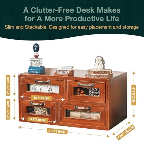 Store and Display Wooden Desk Top Organizer Cabinet - Mahogany Wood Display Chest with 4 See-Through Drawers - Additional Storage for Work Table, Vanity, Dresser Shelf or Kitchen Counter - Image 2