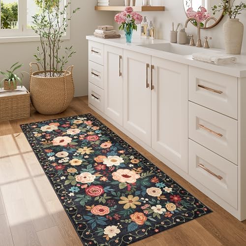 DUKINO 2x5 Runner Rug, Floral Washable Rug for Kitchen Non Slip, Black - Image 3