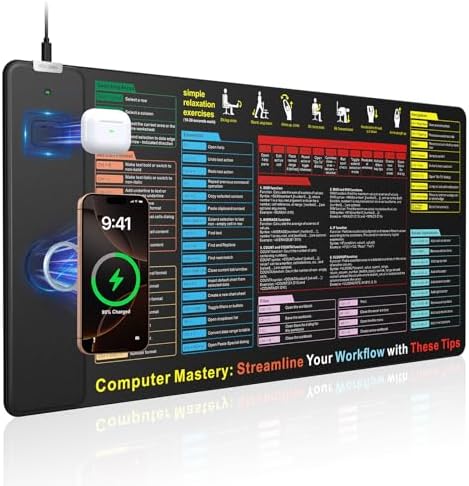 Excel Cheat Sheet Mouse Pad with Magnetic Wireless Charging, 31.5 x 15.8 in by abcmat