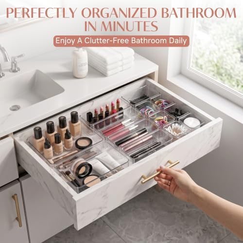 ZANORA 25 PCS Clear Plastic Drawer Organizer Set, Drawer Dividers Organizers with 4 Sizes Storage Trays, Bathroom Drawer Organizers Makeup, Vanity Drawer Organizer, Desk & Kitchen Storage Bins - Image 3