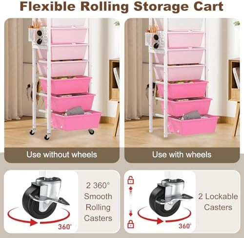 Rolling Cart with Drawers, Rolling Storage Cart with Large Plastic Drawers & Wooden Tabletop, Utility Cart with Pegboards & Basket, Storage Drawers Cart for Living Room, Classroom, Bedroom, Office - Image 4