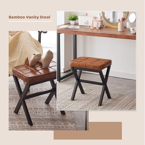 Foot Stool Small Ottoman Foot Rest Padded Foot Stool Desk for Under Office Desk Vanity Stool Bamboo Footstool Sofa Footrest Shoe Stool Small Foot Stools (Black Legs + Patterned Brown) - Image 6