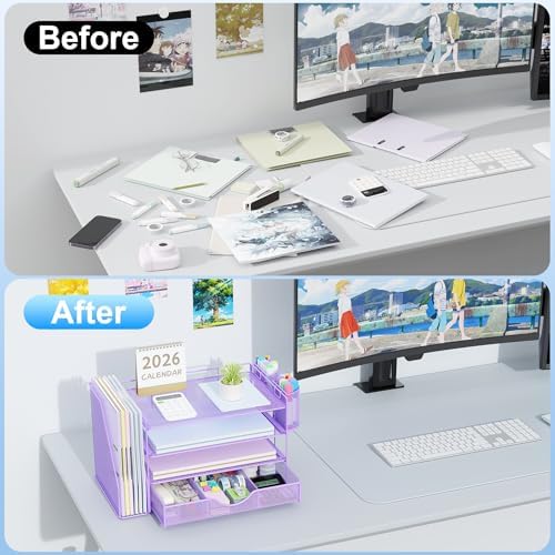 gianotter Desk Organizers and Accessories with File Holder, 4-Tier Desk Accessories & Workspace Organizers with Drawer and 2 Pen Holder, Paper Organizer for Office Supplies (Purple) - Image 2