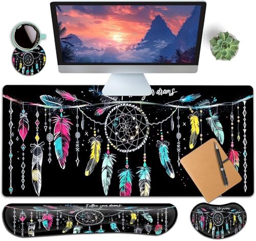 Large Gaming Mouse Pad+ Keyboard Wrist Rest Set, Ergonomics Memory Foam Mouse Mat Wrist Rest Support for Home Office, Waterproof Extended Mousepad 31.5x11.8in, Dream Catcher Black Desk Pad by YVBHCGGGF