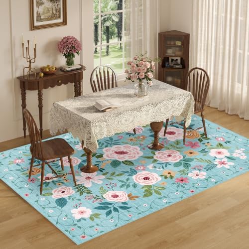DUKINO 6x9 Area Rugs, Floral Washable Rug for Bedroom Non Slip, Teal - Image 6
