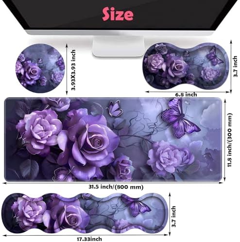 Large XXL Gaming Desk Mat 31.5"x 11.8", Ergonomic Keyboard Wrist Rest & Mouse Pad Wrist Rest + Coaster Set, Non-Slip Base, Memory Foam, Office and Home, Purple Rose - Image 6
