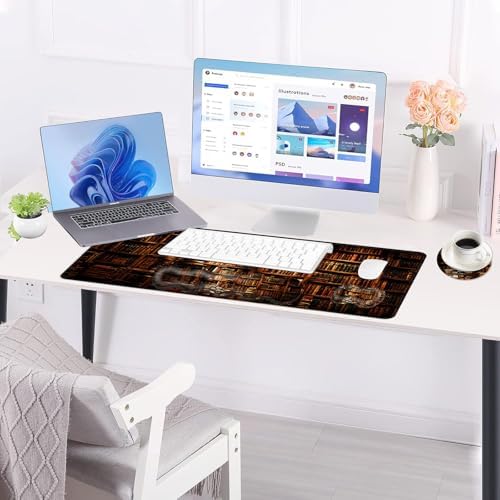 Large Keyboard Mouse Pad Set, Extended Mouse Pad+Keyboard Wrist Rest Support, Memory Foam Ergonomic Easy Typing, 4Pcs (31.5×11.8 in) Desk Pad Set for Office Home,Vintage Books on Bookshelf - Image 3