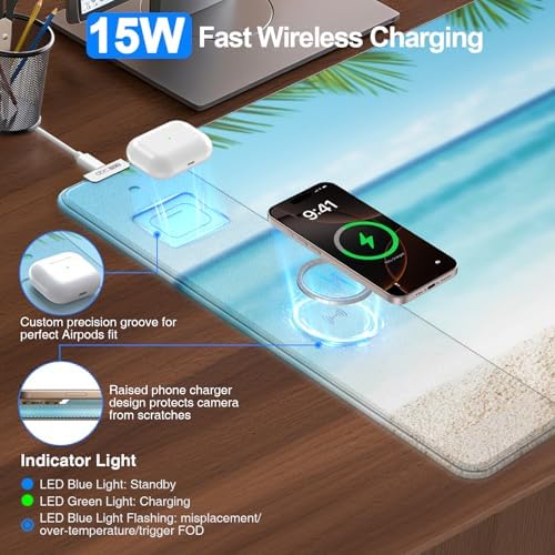 Wireless Charging Mouse Pad, 31.5"x15.8", with 20W PD Adapter, Summer Beach - Image 2