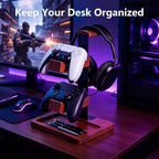 Wood Headphone Stand,Headset Holder with Dual Gaming Controller Holder - Image 2
