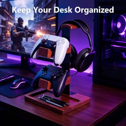 Wood Headphone Stand,Headset Holder with Dual Gaming Controller Holder - Image 2