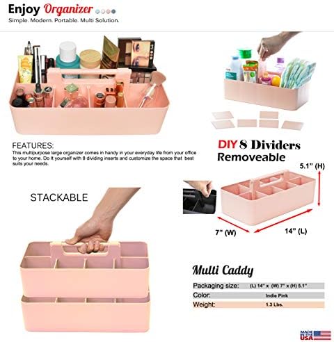 -Large Portable Caddy, DIY Dividers, 8 Compartments, School Office Supplies Home Organizer Basket with Handle Storage Organizer Made in USA (3 PACK, Indie Pink) - Image 3