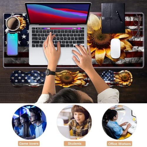 Ergonomic Keyboard Wrist Rest & Mouse Pad Wrist Rest Set, Large XXL Gaming Desk Mat 31.5"x 11.8" with Memory Foam, Easy Typing Pain Relief for Office & Home, American Flag Sunflower - Image 7