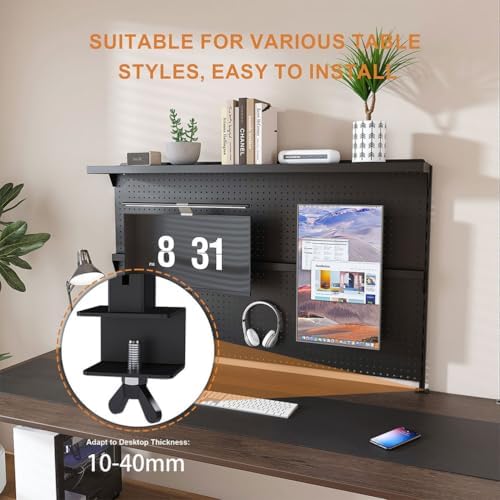 Clamp-On Desk Pegboard with Dual Monitor Stand, 59" Steel Privacy Panel with Modular Hooks & Movable Partition, Fits 0.59"–1.77" Desks, Ergonomic Storage Organizer for Office & Gaming Setup, Bla - Image 5