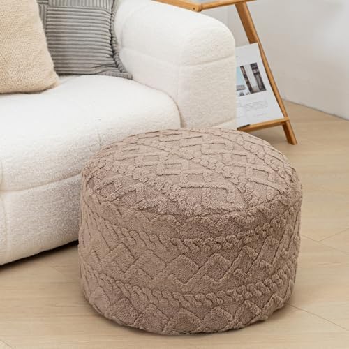 Round Ottoman Foot Stool for Living Room Pouf Footrest,Light Coffee 20x12In - Image 3