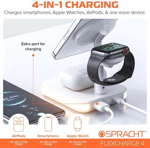 Spracht Flex Charge 4, 4-in-1 Wireless Charging Stand | 25W Fast Charger, Magnetic Connection -Works for Smartphone, Watch, Ear Buds, Qi-Enabled Devices | Nightlight, Magnetic Charging Stand (White) - Image 3