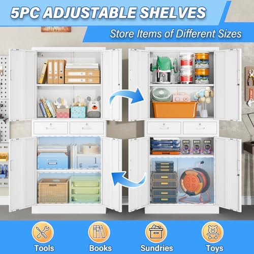 BESFUR Metal Storage Cabinet with 2 Drawers and Adjustable Shelves, 71" H Reinforced Heavy Duty Locking Storage Cabinet for Office, Garage, Home, School, Utility(White) - Image 5