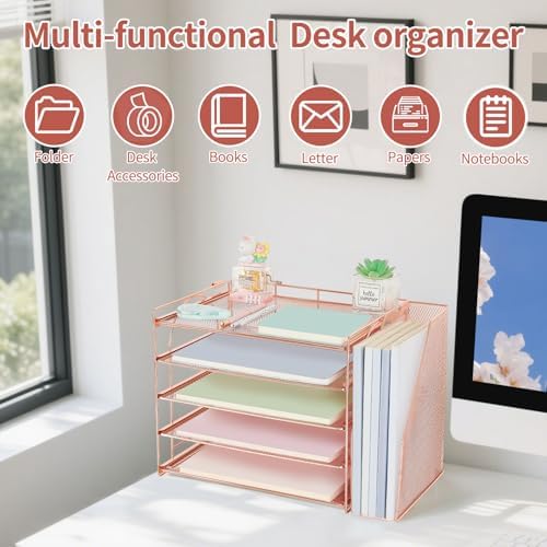 AUPSEN Rose Gold Desk Organizers and Accessories, 5-Tier Desktop Paper File Organizer with Removable File Holder, Desk Accessories & Workspace Organization for Home Office Supplies (Rose Gold) - Image 4