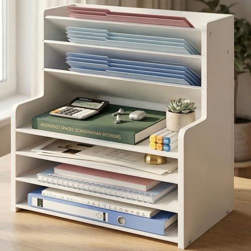7 Tier White Desk Organizer for Office Organization, Wood Paper Organizer for Desk, Vertical Desktop File Folder Holder & Letter Tray, Aesthetic School Storage Orgnizer Shlef by Unknown