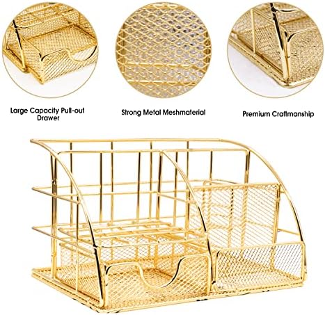 KAAKOW Gold Desk Organizers and Accessories Office Supplies Set Stapler, Pen Holder, Phone Holder, Scissors, Pen, Ruler, 30 Paper Clips, 22 Binder Clip, 20 Tacks and 1000pcs Staples (Gold) - Image 3