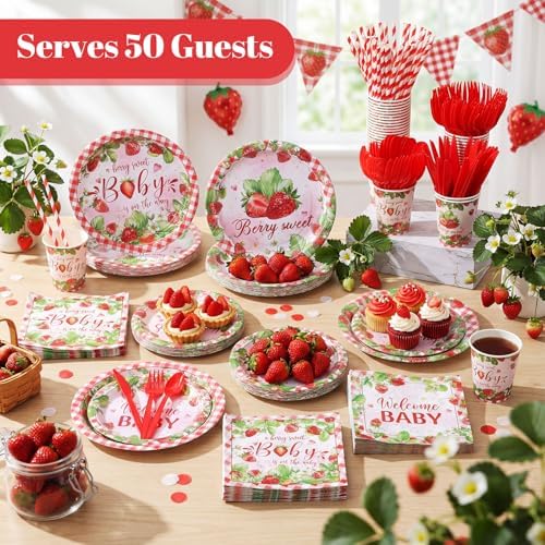 450 Pcs Tableware Set, Serve 50, Red and Pink, Strawberry Baby Shower - Image 6
