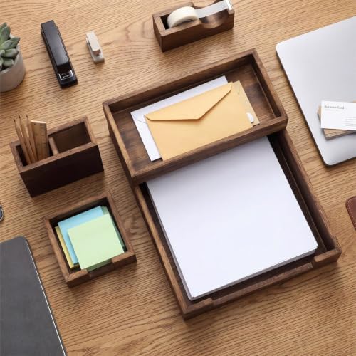 4 Pack Wood Office Supplies Desk Organizer Set for Front-load Documents Tray, Sticky Note Holder, Pen Cup, Stackable Small Letter Mail Sorter Tray, Workspace Decor for Women Men (Brown) - Image 4