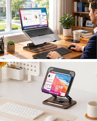 SupeDesk Adjustable Laptop Stand with 360° Rotating Base, Ergonomic Laptop Riser for Desk, Ventilated Notebook Stand with Storage Tray, Wood Base & Silicone Pads for Laptops, Tablets & Books - Image 2