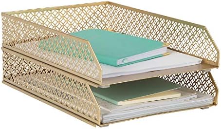 BLU MONACO | Paper Tray Stackable Gold Set of 2 | Stackable File Trays for Desk Organization | Tiered Desk Organizer with Metal Letter Trays by Blu_Monaco