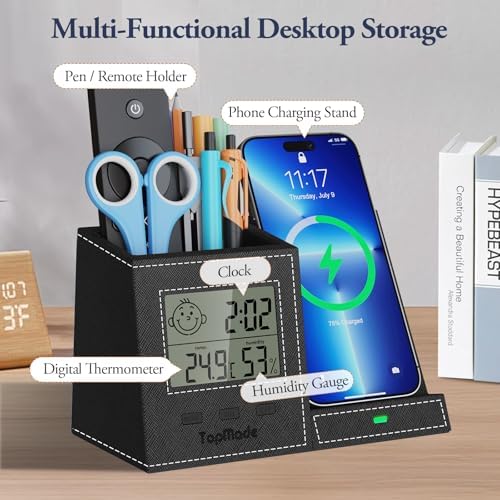 Pen Holder with Wireless Charger, Led Screen Desk Caddy with Digital Clock - Image 3