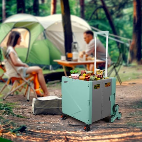 76L Folding Utility Cart Portable Rolling Crate Handcart Shopping Collapsible Tool Box with Stair Climbing Wheels,Hidden Lid,2 Rotate Wheels,for Grocery,Shopping,Office,Storage(White) - Image 2