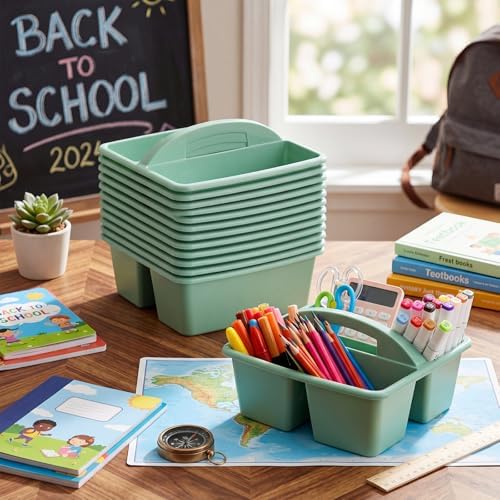 Geetery 12 Pack Eucalyptus Green Plastic Portable Storage Caddy, Sturdy 3 Compartment Table Organizer Caddy with Handle for Home Office Bathroom Countertop Vanity Desk Utility Supplies Storage - Image 4