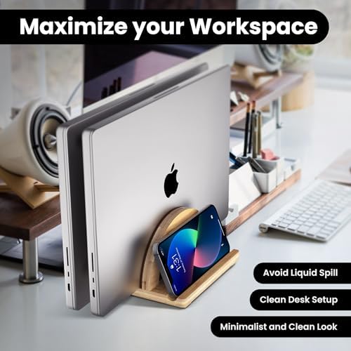 Kothar Premium Wood Vertical Laptop Stand - Adjustable Dual Slot Bamboo Holder for MacBook, Dell, HP, and More | Space-Saving Desktop Organizer | Eco-Friendly, Sleek & Durable Design - Image 4