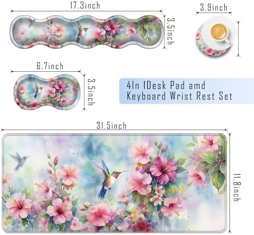 TGFEWYTJYJ Extended Gaming Mouse Pad,Memory Foam Ergonomic Keyboard Mouse Wrist Rest Support Set,Large Desk Mat with Stitched Edges,Non-Slip Base Mousepad Home Office,Flower Hummingbird - Image 2