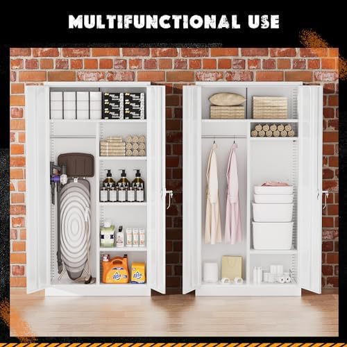 Greenvelly Metal Storage Cabinet with 2 Doors, White 72” Steel Storage Wardrobe Cabinet, Employees Locker Closet Clothing Coat Steel Wardrobe Cabinet with Hanging Rod for Garage, Gym, Home Office - Image 3