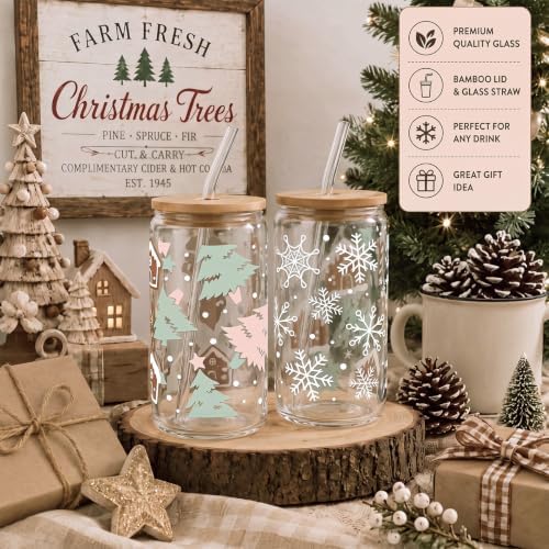 12 Sets Christmas Glass Cups Gifts 16 oz Cute Christmas Tree Glass Cups Gingerbread House Tumbler Snowflake Iced Coffee Cup with Lids and Straws for Women Coworkers Birthday Xmas Party Favors - Image 4